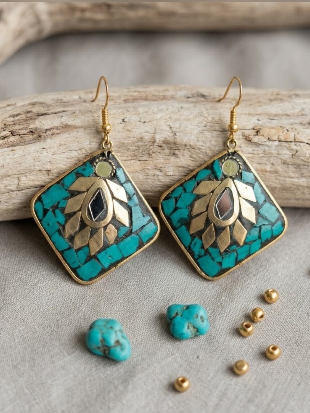 Boho Turquoise Mosaic Diamond Drop Earrings Western Artisan Folk Dangle